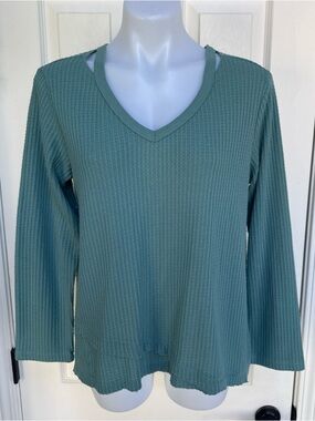 DEMOCRACY WAffle Knit Thermal L/S sexy slit Vneck Assymetrical Boho HiLo Shirt M